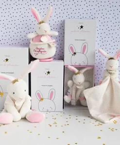 Doudou attache sucette lapin étoile rose - 15 cm