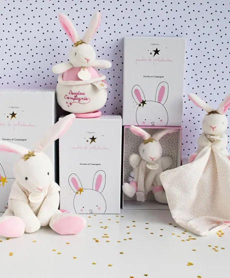 Doudou attache sucette lapin étoile rose - 15 cm