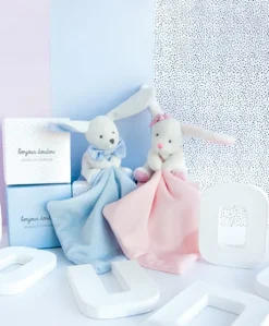 Doudou mouchoir lapin bleu - 10 cm - Boite fleur