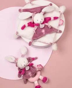 Doudou plat Cerise le lapin Rose - 27 cm
