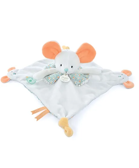 Doudou plat souris blanc avec marionnette à doigt - 30 cm