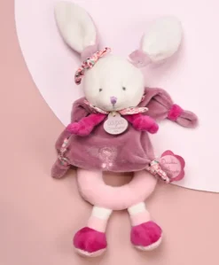 Peluche hochet Cerise le lapin rose - 19 cm