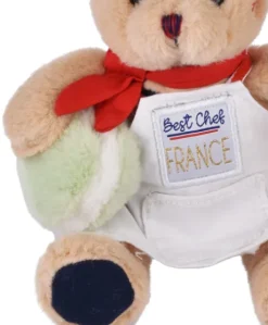 Peluche Ours beige - Porte cle - Chef avec Macaron vert - 15 cm