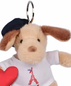 Porte clé Chien beige avec T-shirt Tour Eiffel - 15 cm